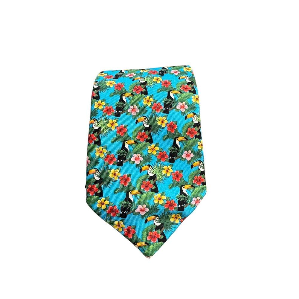 Altea‎ Neck Tie 100% SILK Blue Toucan Multicolor ITALY MADE Resort Luau Tropical